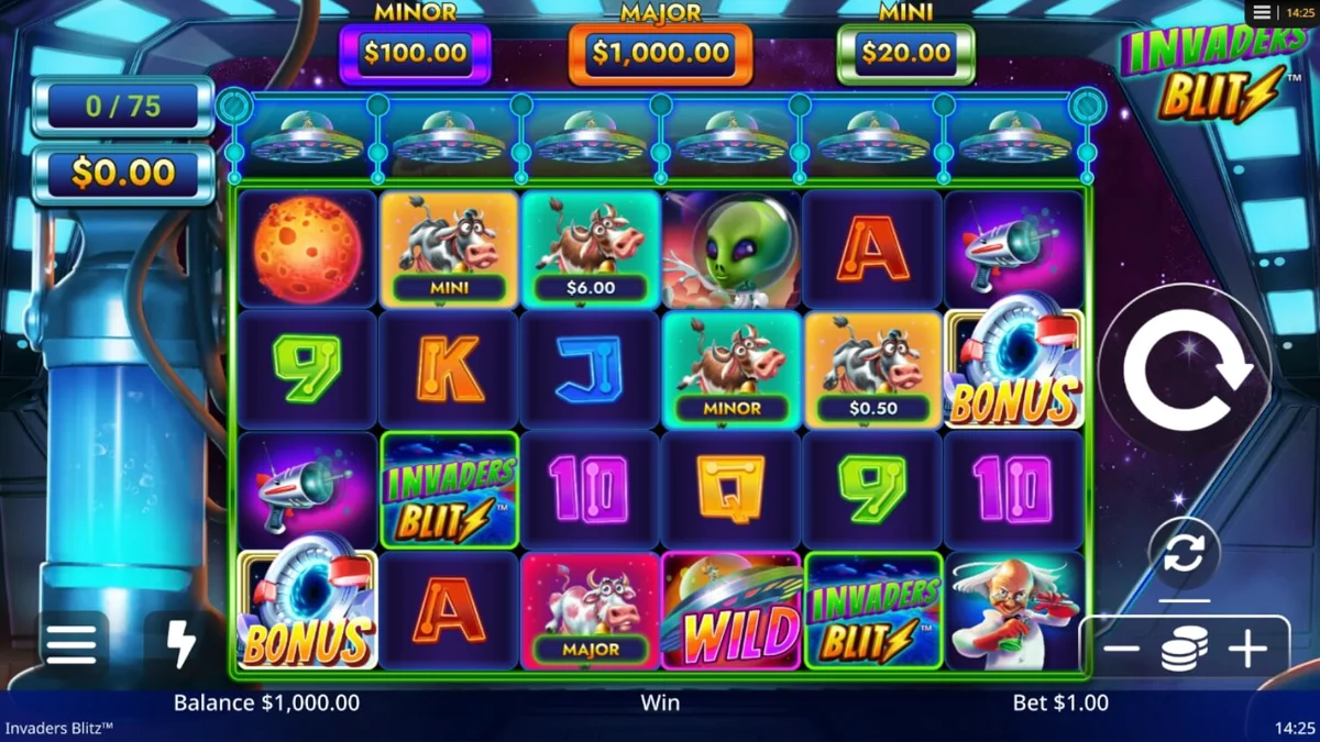 Tampilan layar permainan slot Invaders Blitz dengan tema alien dan sapi luar angkasa.