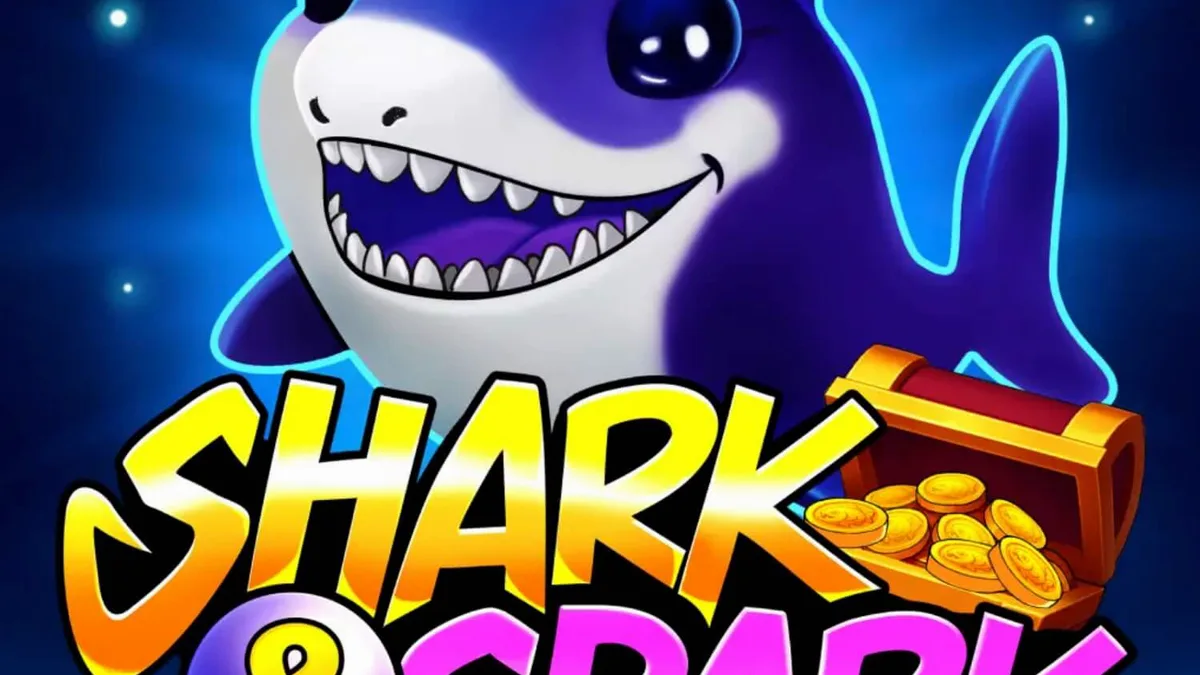 Tampilan visual slot Shark & Spark Hold & Win dengan karakter hiu kartun yang lucu.