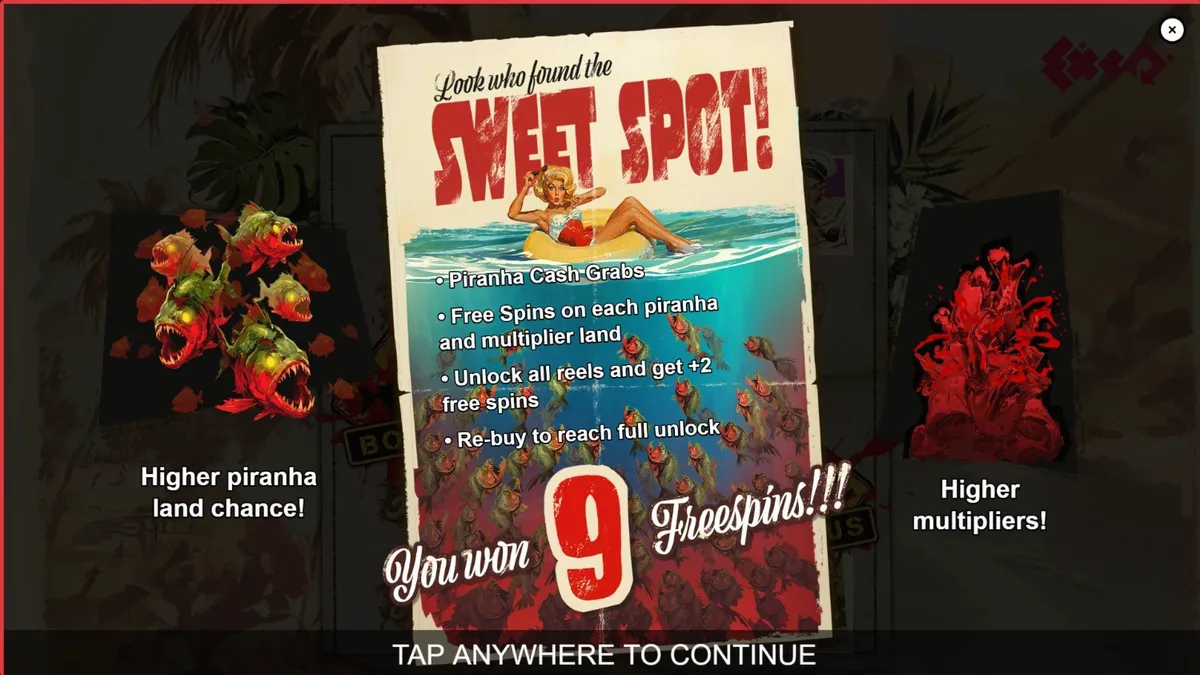 Pemandangan tropis retro dengan piranha dan simbol glamor di latar belakang slot Piranha Bite Club